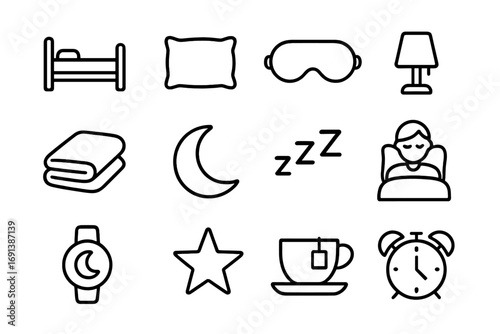 Sleep Rejuvenation Icons. Outline icon set of sleep rejuvenation: bed, pillow, sleeping mask, nightstand lamp, blanket, crescent