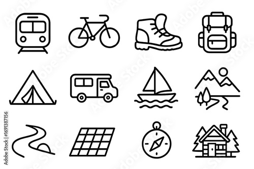 Slow Travel Icons. Outline icon set of slow travel: train, bicycle, walking shoes, backpack, tent, camper van, boat, scenic