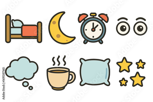 Sleepy Icons Grid. Flat vector mini-illustrations Sleep disturbance in colors children's illustrations: bed, moon, alarm clock,