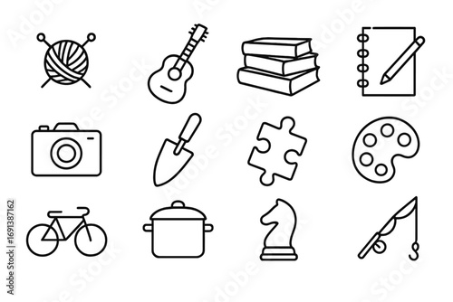 Slow Living Hobbies Icons. Outline icon set of hobbies for slow living: knitting yarn, guitar, book stack, sketchpad, camera,
