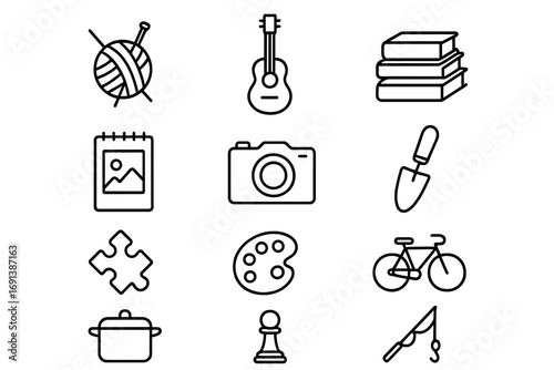 Slow Living Hobbies Icons. Outline icon set of hobbies for slow living: knitting yarn, guitar, book stack, sketchpad, camera,