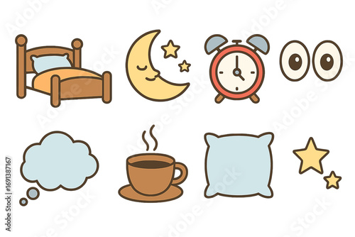 Sleepy Icons Grid. Flat vector mini-illustrations Sleep disturbance in colors children's illustrations: bed, moon, alarm clock,