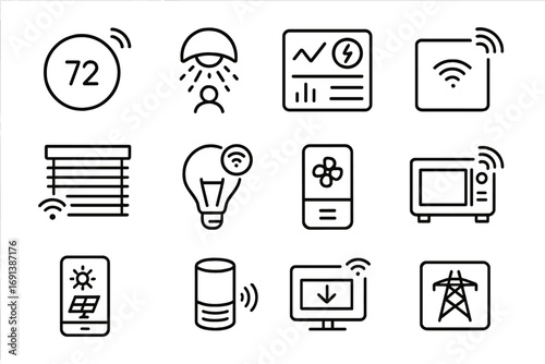 Smart Building Icons. Outline icon set of smart building technologies: smart thermostat, occupancy sensor, energy dashboard,