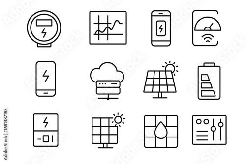 Smart Energy Monitoring Icons. Outline icon set of building energy monitoring: smart meter, data graph, consumption gauge, mobile
