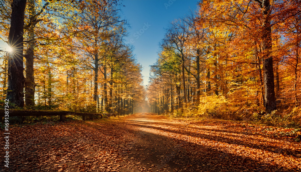 Obraz premium A Serene Forest Path Lined With Trees And Fallen Leaves Under A Clear Blue Sky