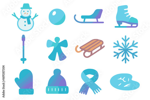 Snow Activities Icons Grid. Gradient icons set of snow activities at picnic: snowman, snowball, sled, ice skate, ski pole, snow
