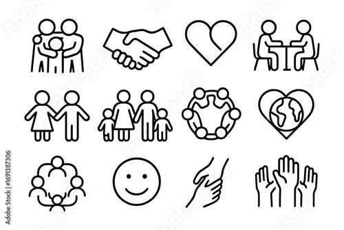 Social Bonding Icons. Outline icon set of social bonding: group hug, handshake, joined hearts, shared meal, children holding hands