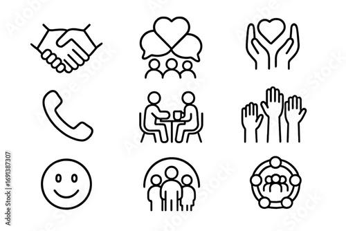 Social Connection Icons. Outline icon set of Social connection for stress relief: handshake, group chat bubbles, heart in hands,