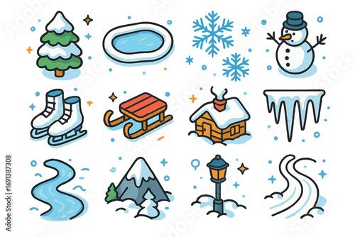 Snowy Winter Icons. Colorful isometric vector icons set of a snowy winter scene with pine trees covered in snow and a frozen lake: