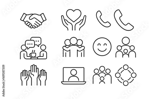 Social Connection Icons. Outline icon set of Social connection for stress relief: handshake, group chat bubbles, heart in hands,