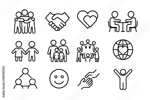 Social Bonding Icons. Outline icon set of social bonding: group hug, handshake, joined hearts, shared meal, children holding hands