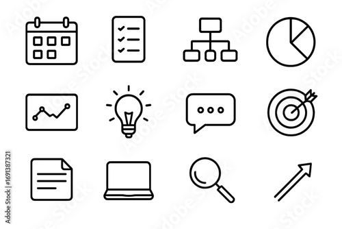 Social Media Icons Grid. Outline icon set of social media strategy planning: calendar, checklist, flowchart, pie chart, analytics