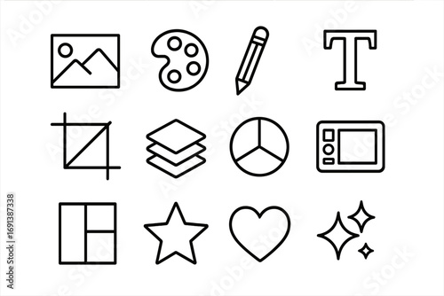 Social Media Icons Grid. Outline icon set of social media post design: image frame, paint palette, pencil, text tool, crop tool,