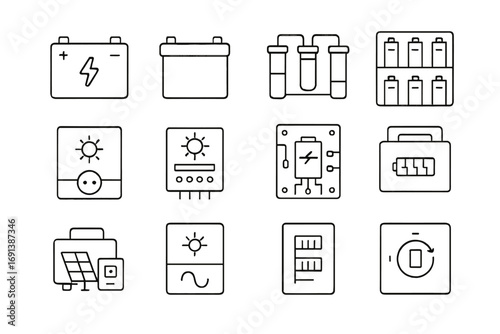 Solar Energy Icon Set. Outline icon set of solar energy storage: lithium-ion battery, lead-acid battery, flow battery, battery