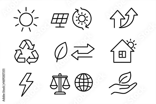 Solar Energy Icons. Outline icon set of solar symbols and concepts: sun rays, photovoltaic cell, renewable energy symbol,