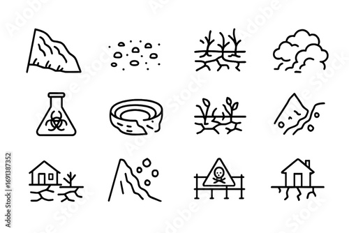 Soil Degradation Icons. Outline icon set of soil and land degradation: eroded hillside, barren ground, cracked soil, landslide,