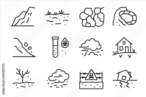 Soil Degradation Icons. Outline icon set of soil and land degradation: eroded hillside, barren ground, cracked soil, landslide,