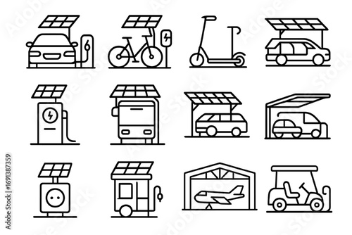 Solar Charging Icons. Outline icon set of solar charging stations: car charging with solar canopy, e-bike solar charger, scooter