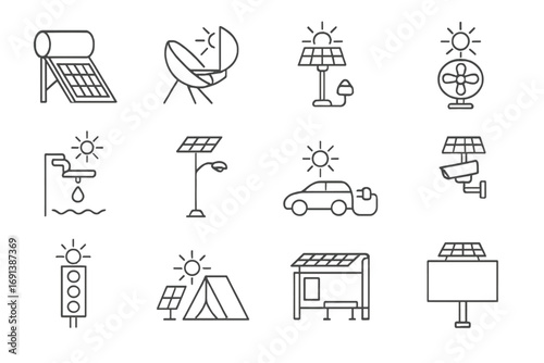Solar Energy Icons. Outline icon set of solar energy applications: solar water heater, solar cooker, solar-powered lamp, solar fan