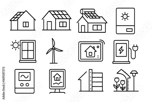 Solar Energy Icons. Outline icon set of solar-powered homes: house with solar panels, rooftop solar array, solar water heater,