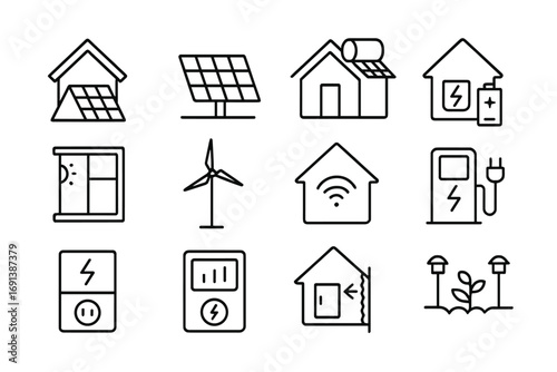 Solar Energy Icons. Outline icon set of solar-powered homes: house with solar panels, rooftop solar array, solar water heater,