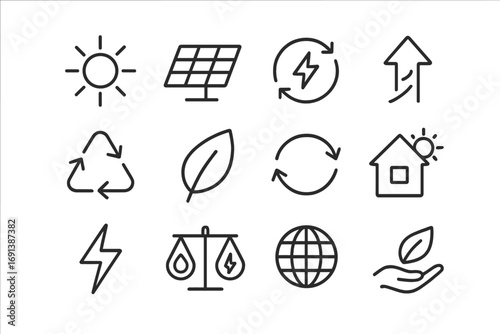 Solar Energy Icons. Outline icon set of solar symbols and concepts: sun rays, photovoltaic cell, renewable energy symbol,
