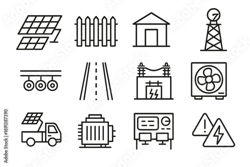 Solar Farm Icon Set. Outline icon set of solar farm infrastructure: rows of panels, fence boundary, maintenance shed, monitoring