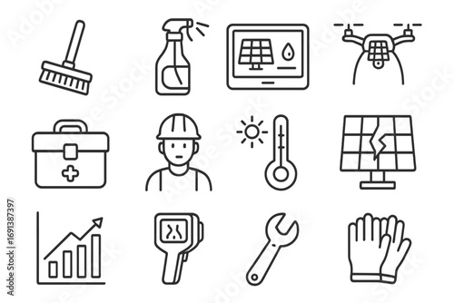 Solar Maintenance Icons. Outline icon set of solar maintenance: cleaning brush, water sprayer, monitoring tablet, inspection drone