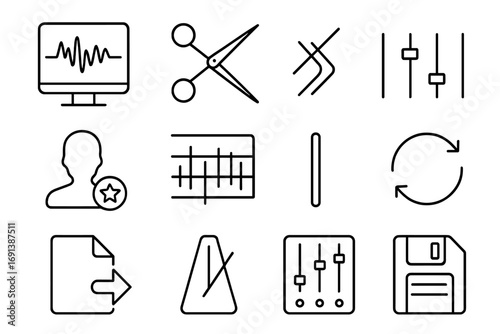 Sound Editing Tool Icons. Outline icon set of sound editing tools: waveform screen, cut tool, fade in/out icon, equalizer, noise