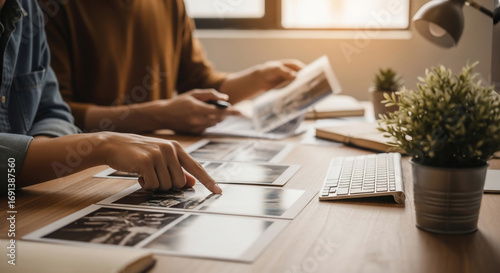 Two people analyzing photos together at a desk. They are reviewing prints and discussing their work