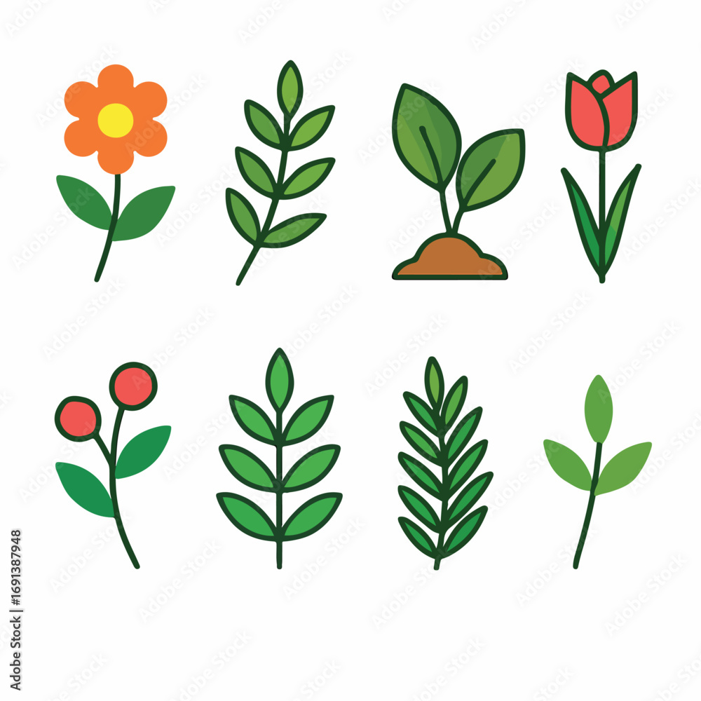 Obraz premium Floral and Leaf Vector Set – Simple Plant Illustrations