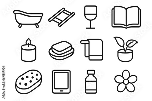 Spa Bath Icon Set. Outline icon set of spa bath tray arrangement: bathtub, wooden tray, wine glass, book, candle, soap dish, towel