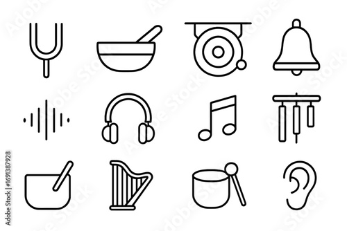 Sound Healing Icons. Outline icon set of sound healing: tuning fork, Tibetan singing bowl, gong, bell, sound wave, headphones,