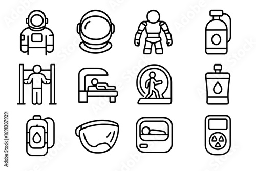 Space Adaptation Icons. Outline icon set of human adaptation to space: astronaut, space helmet, exosuit, oxygen tank, muscle