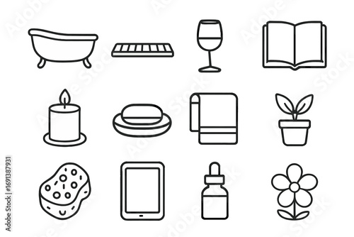 Spa Bath Icon Set. Outline icon set of spa bath tray arrangement: bathtub, wooden tray, wine glass, book, candle, soap dish, towel