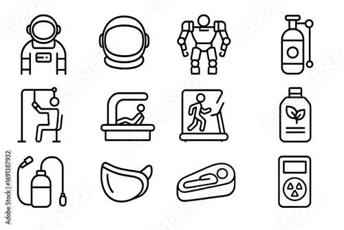 Space Adaptation Icons. Outline icon set of human adaptation to space: astronaut, space helmet, exosuit, oxygen tank, muscle