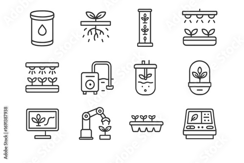 Space Farming Icons. Outline icon set of hydroponic and aeroponic farming in space: nutrient solution tank, plant roots in mist
