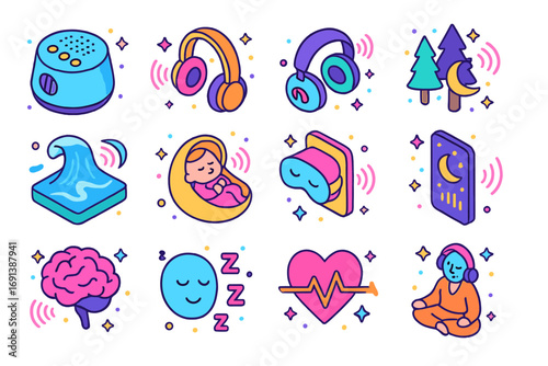 Isometric Sound Icons. Colorful isometric vector icons set of sound and sleep: white noise machine, ASMR headphones, sleeping mask