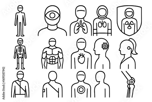 Space Evolution Icons. Outline icon set of evolutionary changes in space humans: elongated limbs, larger eyes, enhanced lungs,