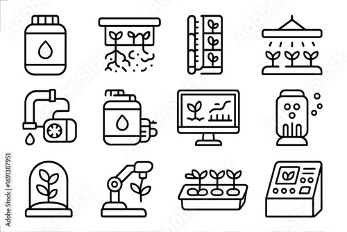 Space Farming Icons. Outline icon set of hydroponic and aeroponic farming in space: nutrient solution tank, plant roots in mist