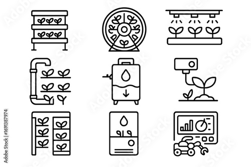 Space Farming Icon Set. Outline icon set of vertical farming systems for space habitats: stacked plant trays, rotating hydroponic