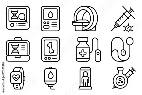 Space Medicine Icons. Outline icon set of space medicine and diagnostics: DNA scanner, blood analyzer, portable MRI, nanobot