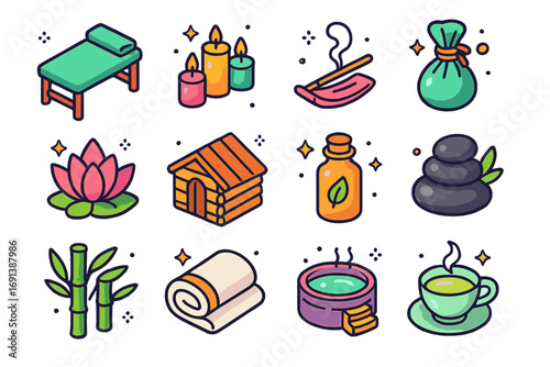 Spa Wellness Icons. Colorful isometric vector icons set of spa and wellness travel: massage bed, candles, incense, herbal pouch,