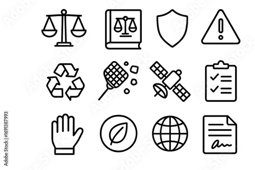 Space Ethics Icons. Outline icon set of ethics and stewardship in space: scales of justice, law book, protective shield, warning