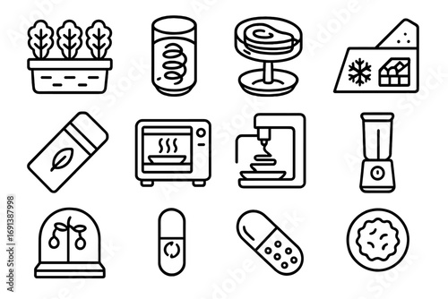 Space Food Icon Set. Outline icon set of evolutionary space food systems: hydroponic lettuce, algae tank, lab-grown meat, nutrient