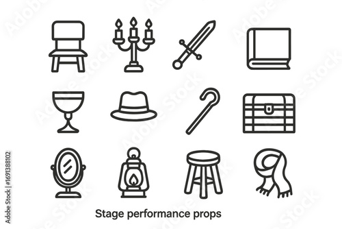 Stage Props Icons. Outline icon set of stage performance props: chair, candle holder, sword, book, goblet, hat, cane, trunk,