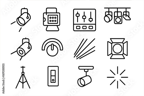 Stage Lighting Icon Set. Outline icon set of stage lighting and effects: spotlight, floodlight, control panel, light rig, follow