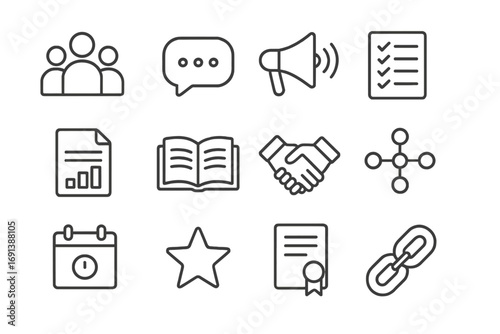 Stakeholder Engagement Icons. Outline icon set of stakeholder engagement and transparency: group avatar, chat bubble, megaphone,