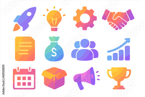 Startup Journey Icons. Gradient icons set of entrepreneurial startup journey: rocket launch, lightbulb, gear, handshake, charter