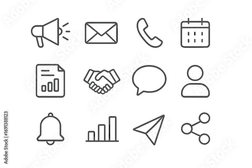 Stakeholder Communication Icons. Outline icon set of stakeholder communication panel: megaphone, email envelope, phone handset,